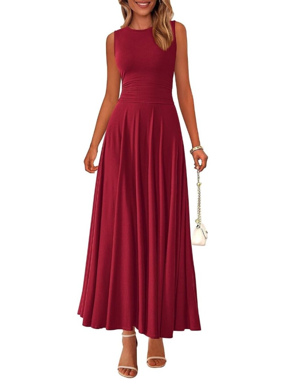 Women's Burgundy Crewneck High Waisted Casual Sleeveless 2026 Aline Maxi Dress